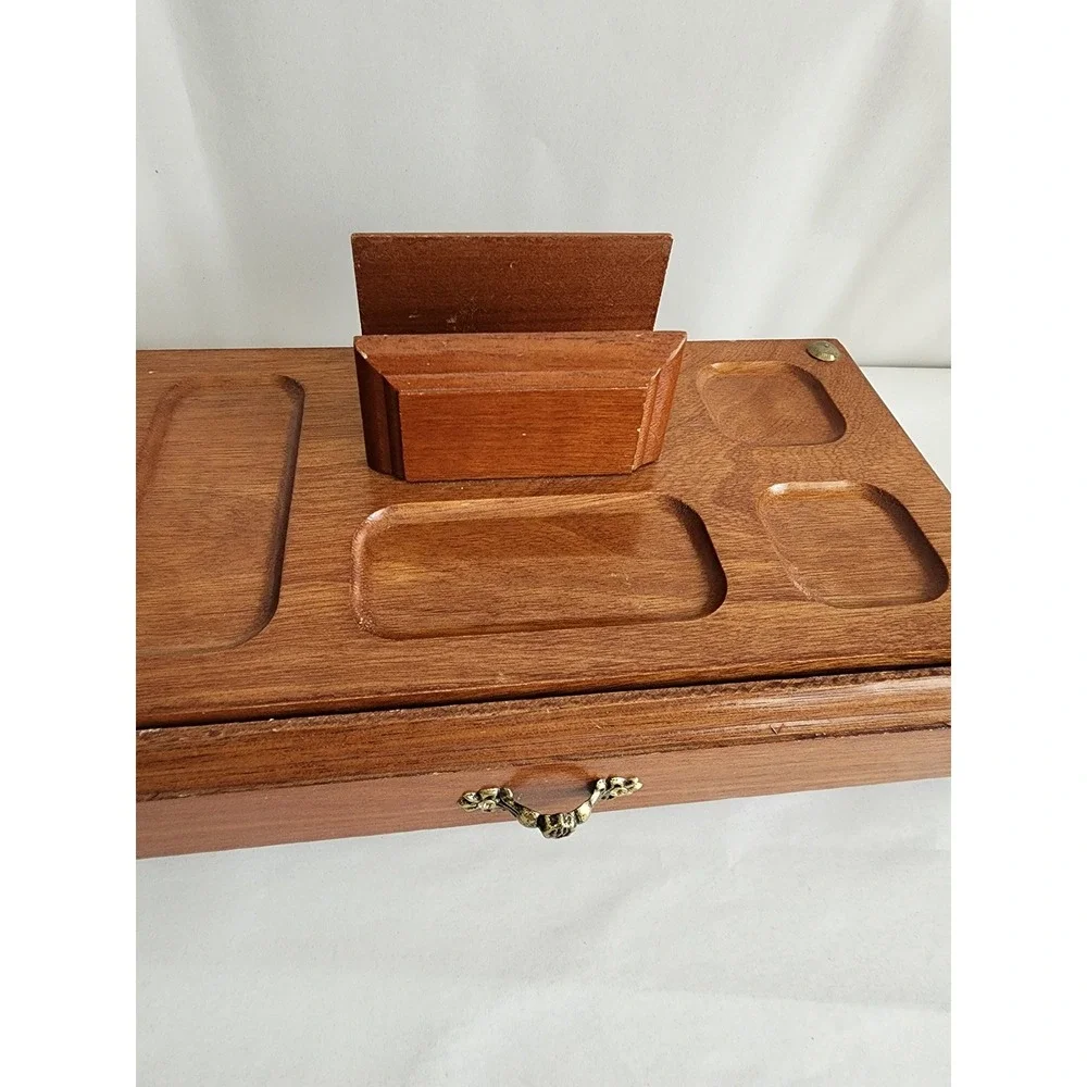 Vintage Wooden Valet Box Desk Organizer Mail Holder Jewelry Drawer Brown Brass